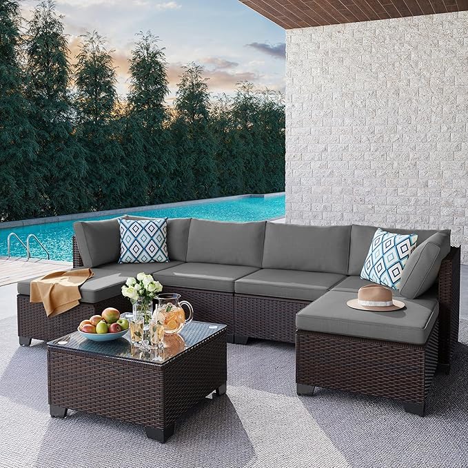 Gizoon 7 Pieces Outdoor Patio Furniture Set, All-Weather PE Rattan Wicker Sectional Sofa Seating with Waterproof Cushions and Coffee Table, Outdoor Conversation Set for Garden, Backyard, Balcony
