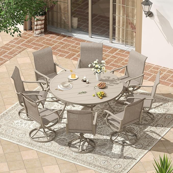 VICLLAX Patio 9 Pieces Outdoor Dining Set,Wrought Iron Metal Outdoor Table and Chairs Set,54" Round Table with Umbrella Hole and 8 Swivel Textilene Chairs for Lawn,Garden,Porch,Sandshell