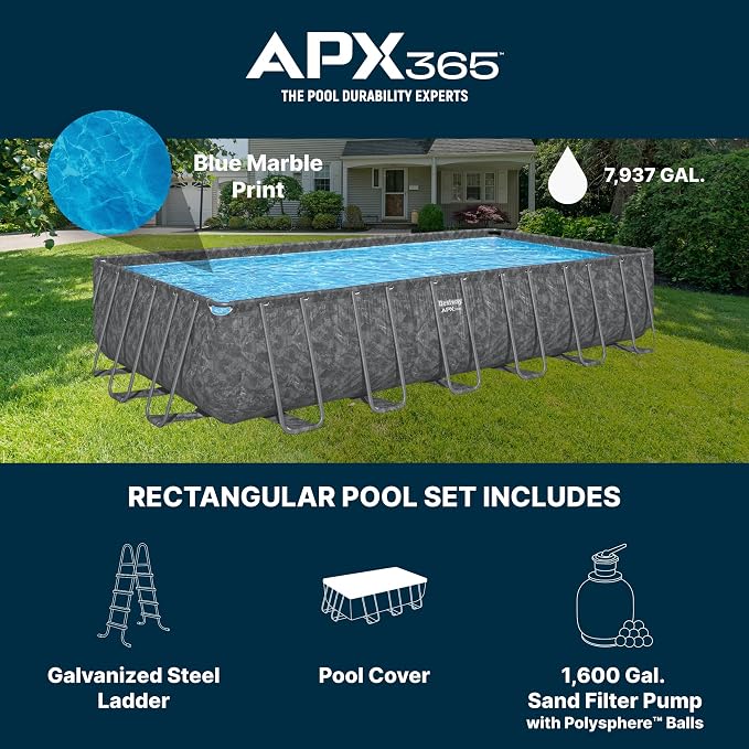 Bestway APX 365 24' x 12' x 52" Above Ground Pool, Rectangular Metal Frame Outdoor Swimming Pool Set with Sand Filter Pump, Ladder, and Cover, Dark Marble