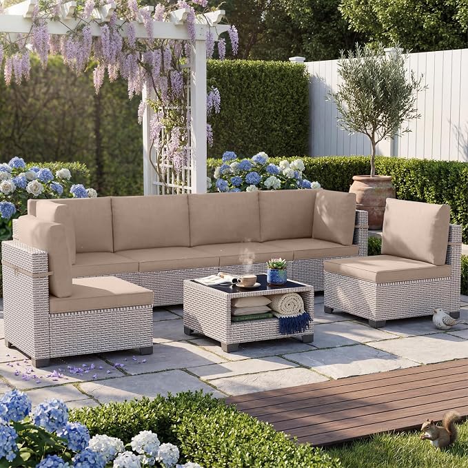 Patio Furniture Set, 7-Piece Outdoor Sectional Sofa with 2-Layer Glass Coffee Table, Wicker Patio Conversation Set with Khaki Cushions for Backyard, Poolside, Porch