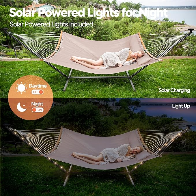 SUNCREAT Hammocks Outdoor 2 Person Hammock with Solar Powered Lights, Double Hammock with 12 ft Stand Included, Tan