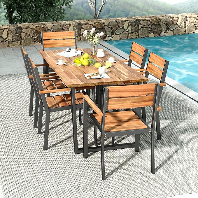 RELAX4LIFE 7-Piece Outdoor Dining Set - 63’’ Rectangular Acacia Wood Table w/6 Stackable Chairs & Metal Frame, Patio Furniture Set with Umbrella Hole for Garden Porch, Patio Table and Chairs Set for 6
