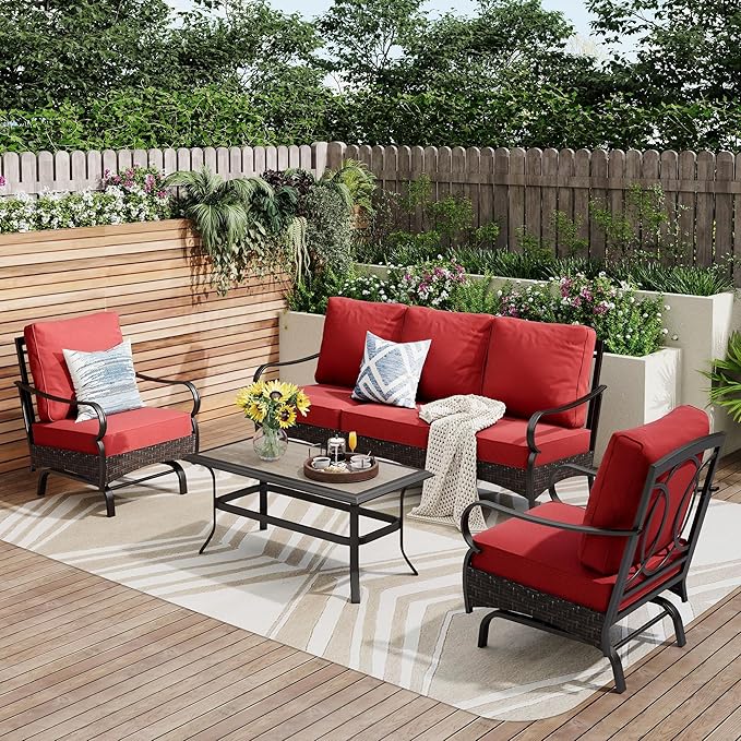 PHI VILLA Outdoor Modern Patio Furniture Set, Upgraded Wicker & Metal Patio Furniture Conversation Set with Waterproof Thick Cushions for Porch, Poolside, Yard (4 Pieces,Red)
