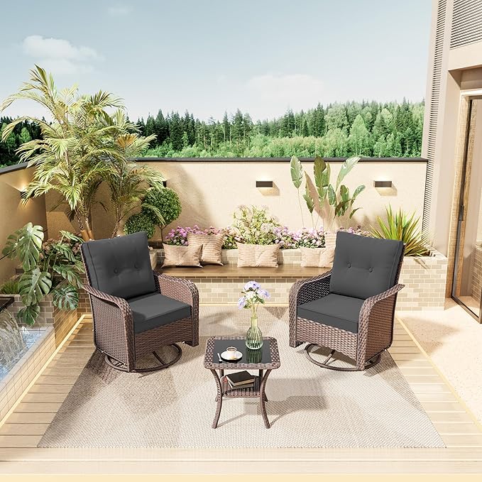 3 Piece Wicker Swivel Rocking Chair Set, Outdoor Patio Glider Chair with Glass Top Coffee Table, Conversation Furniture Set Suitable for Patio, Lawn, Outdoor, Back Garden(Grey)