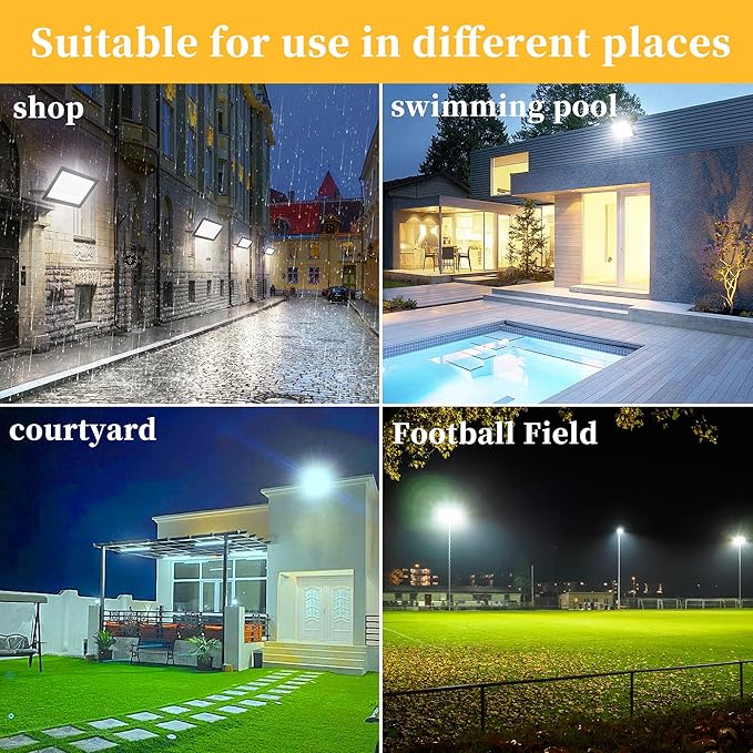 ADYENA 2 Pack 200W LED Flood Lights Outdoor Plug in, 25000 LM Super Bright Led Stadium Lights, Waterproof LED Work Light, IP66 6000K Daylight White Floodlights for Patio Yard Garden Playground