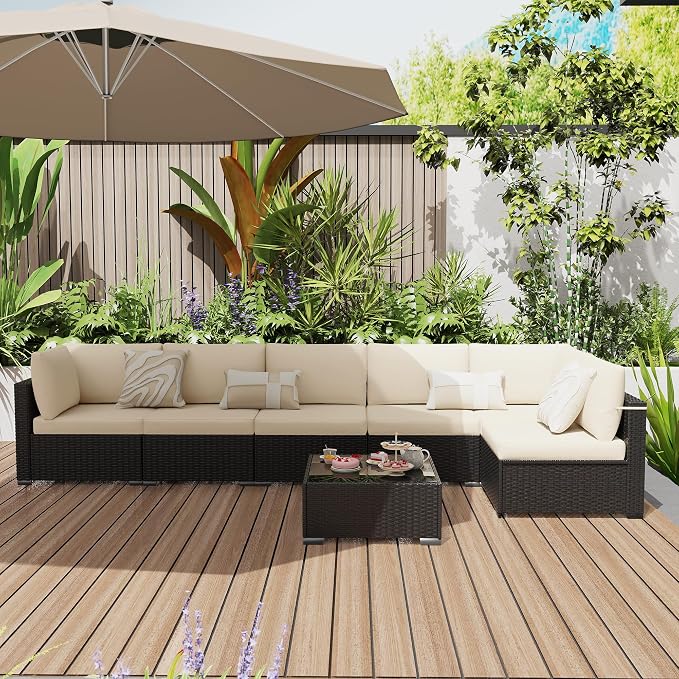 KIGOTY 7-Piece Patio Furniture Set, All-Weather PE Rattan Outdoor Sectional Sofa, Modular Wicker Conversation Set with Thick Cushions & Easy-Clean Coffee Table（Black/White）