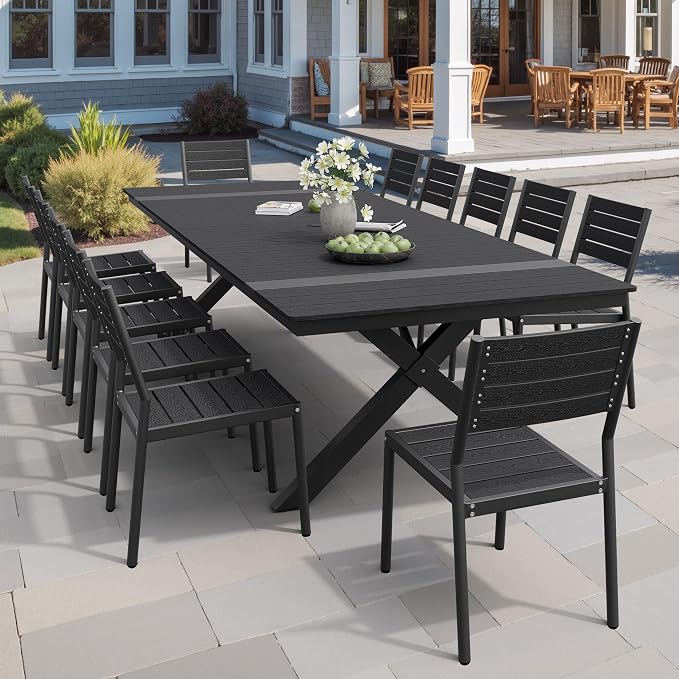 Pellebant 13 Piece Patio Table and Chairs Set for 12, Aluminum Outdoor Dining Set with Umbrella Hole, Stackable Dining Chairs & 118" Dining Table, Black