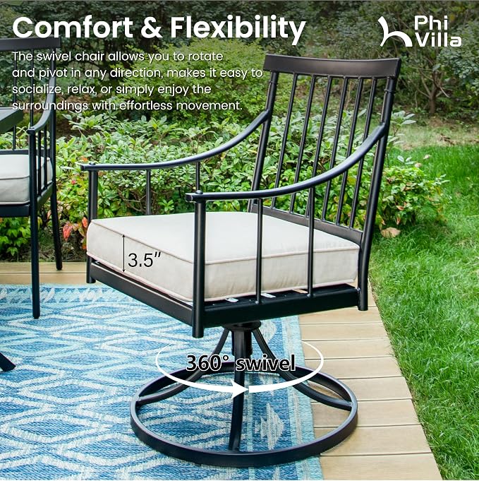 PHI VILLA 7 Piece, Outdoor Dining Set, 59"x36" Table, Umbrella Hole, Black | Wrought Iron, Swivel Chairs, Metal Chairs, Cushions, Weather-Resistant, 300+ lbs Capacity