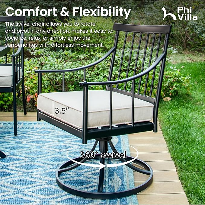 PHI VILLA Patio Dining Set, Swivel Chairs, Square Metal Table | Metal chairs, Umbrella Hole, Cushions, E-coated, powder-coated, for Patio, Deck, Yard, Porch