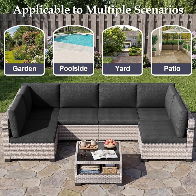 Patio Furniture Set, 8-Piece Outdoor Sectional Sofa with 60,000 BTU Fire Pit Table & 2-Layer Glass Coffee Table, Wicker Patio Conversation Set with Black Cushions