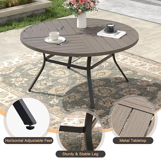 50" Outdoor Dining Table with Adjustable Umbrella Hole, Metal Slatted Round Patio Dining Table for Backyard Garden Deck, Antique Grey