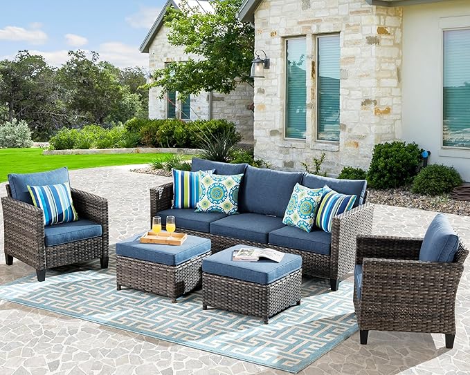 HOOOWOOO Patio Conversation Sets,5 Piece Wicker Outdoor Furniture Set with Ottoman,All Weather Resistant Modern Outside Out Door Rattan Couch Chairs Set,Denim Blue