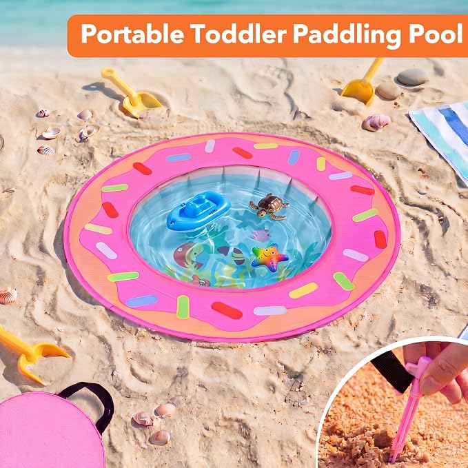 Hungdao Pop up Baby Beach Pool Portable Toddler Paddling Pool Cute Shape Beach Pit with Water Bag and Storage Bag for Infant Kids Boys and Girls Outdoor Summer Camping Traveling Vacation(Donut)