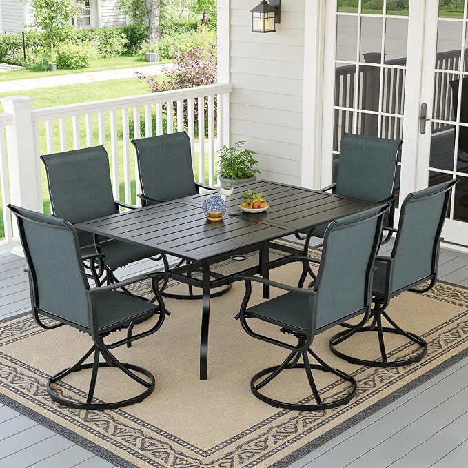 SUNCROWN 7-Piece Outdoor Patio Dining Set, All Weather Rectangular Metal Table & 6 Dark Grey Swivel Textilene Mesh Chairs, Weather Resistant Patio Furniture for Deck Lawn Garden Backyard Poolside