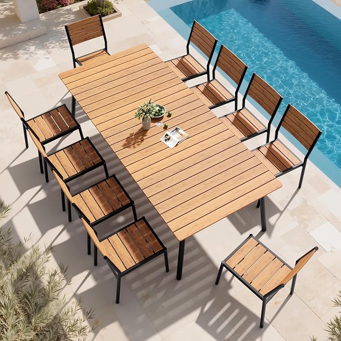 11-Piece Outdoor Dining Set for 10 Person with Teak Wood-Grain Top | Armless Stackable Chairs with 19.4" Seat Depth, Aluminum Frame Dining Furniture with Umbrella Hole for Deck, Porch & Backyard