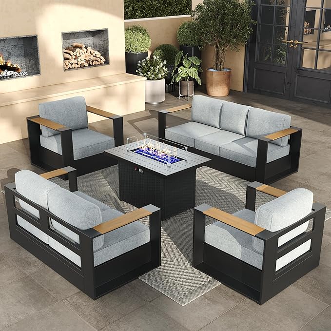 Aluminum Patio Furniture Set, 7 Seats Luxury Seating Furniture with 44" Fire Pit Table, All Weather Outdoor Conversation Sets with 6" Thickened Cushions