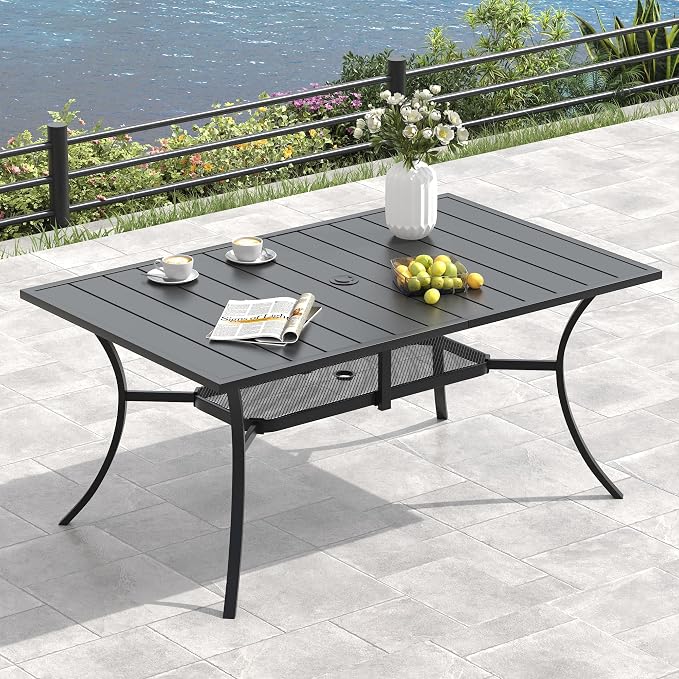 VICLLAX Outdoor Table and Chairs Set with Umbrella, Patio Dining Set of 59 Metal Patio Table with Umbrella Hole & 6 Swivel Outdoor Chairs, Blue Outdoor Umbrella for Backyard Lawn, Dark Blue & Black