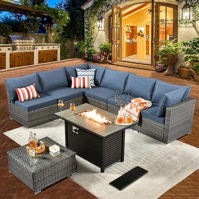 ovios Outdoor 8 Piece Patio Furniture Set with Fire Pit Table,Conversation Sectional Wicker Couch with Coffee Table,Modern Outside Sofa for Balcony Backyard, Blue
