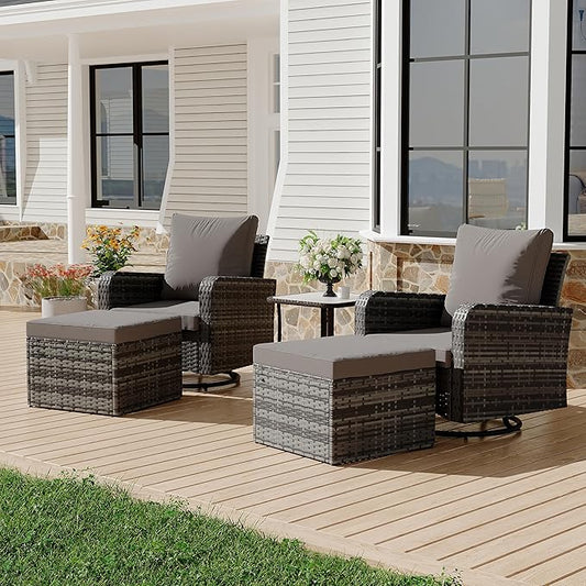 HOMREST 5 Piece Outdoor Patio Furniture Set-Wicker Swivel Chairs Set of 2 with 2 Ottoman, Coffee Table & Cushions Small Patio Furniture Set for Garden, Balcony (Grey)