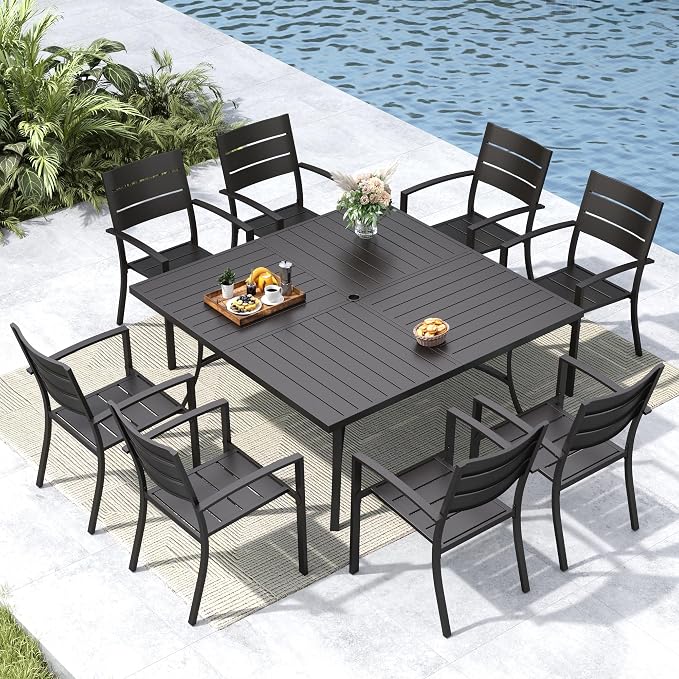 MFSTUDIO Patio Dining Set for 8, Black Metal Patio Table and Chairs Set with Umbrella Hole, 9 Piece Wrought Iron Outdoor Furniture Dining Set for Deck Backyard Garden
