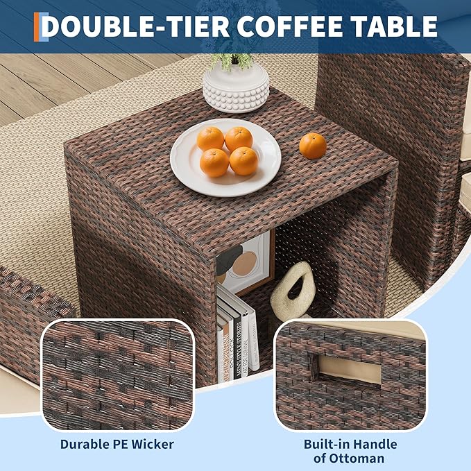 GAOMON Patio Furniture Set with Ottoman, 5 Pieces Outdoor Patio Conversation Set, Wicker Lounge Chairs with Soft Cushions & Storage Table, Outside Balcony Furniture for Porch Balcony Deck Poolside