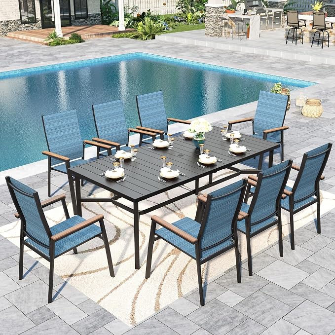 Sophia & William Patio Dining Set for 8, Metal Table & Aluminum Chairs | Rectangle table, Blue Stackable Chairs, Breathable & quick-drying, Light-weight & space-saving, Umbrella Hole, Outdoor