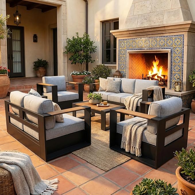 LayinSun 5 Pieces Aluminum Patio Furniture Set with Coffee Table, Oversized Outdoor Conversation Set 7 Seats with 6" Thick Cushions for Outside Porch, Balcony, Deck
