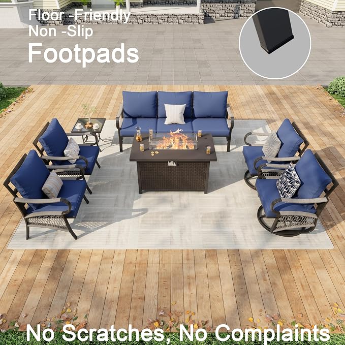 7 Pieces Patio Furniture Set, Metal Outdoor Conversation Sets with Fire Pit Table and Swivel Chairs for Backyard Garden Deck Porch Poolside (Thick Blue Cushions)
