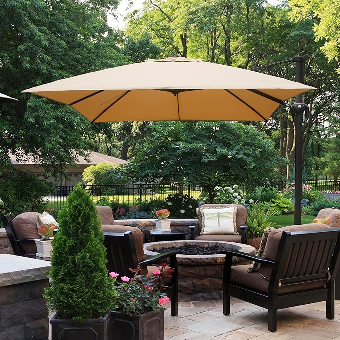 Domi 9' x 11.5' Cantilever Patio Umbrella, Rectangle Deluxe Offset Umbrella, Aluminum Hanging Umbrella with 360°Rotation, Outdoor Market Umbrella for Outside Deck Backyard Garden Pool, Beige