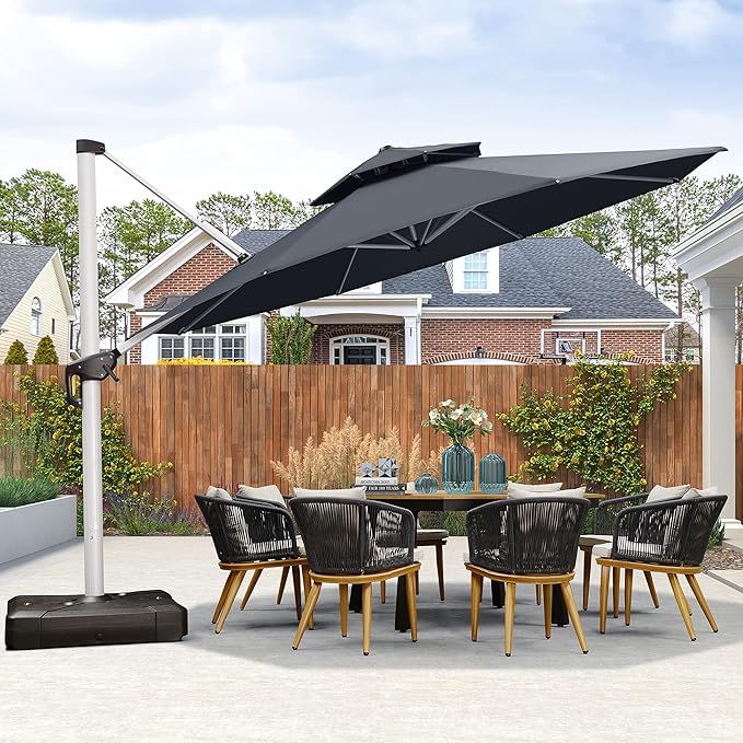 PURPLE LEAF 13 FT Cantilever Patio Umbrellas with Base Included, Large Round Offset Umbrella with 360° Rotation, Outdoor Aluminum Pool Umbrella for Pool Lawn Garden, Grey