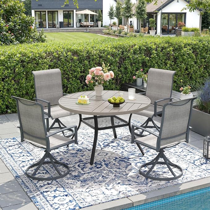 DIFY 5 Pieces Outdoor Patio Dining Set, 4 Grey Padded Textilene Swivel Dining Chairs and 40.6" Grey Wood-Like Round Metal Dining Table, Outdoor Table and Chairs for Poolside Backyard Deck
