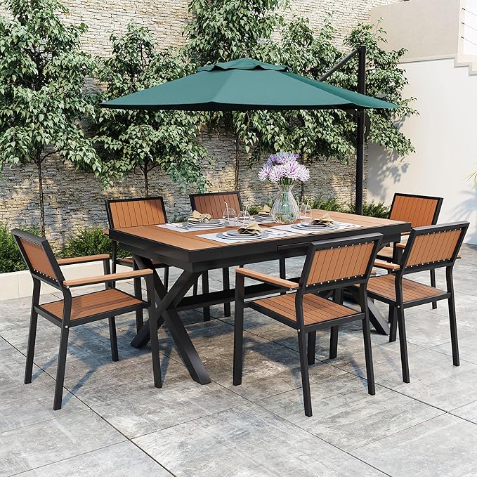 RUNNA Experience Outdoor Dining Freedom with a Flexible Set Including Six Chairs and a Table That Extends from 62.9 to 82.6 Inches for Personalized Arrangements (Black+Natural@43)