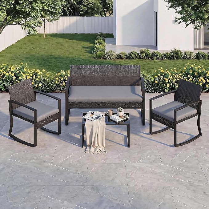 IDEALHOUSE Outside Patio Furniture Set, 4 Piece Outdoor Wicker Rocking Chair Conversation Set with Glass Coffee Table, PE Rattan Patio Furniture for Backyard, Porch, Patio, Poolside