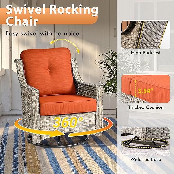 8 PCS Outdoor Patio Furniture Sets ,Patio Conversation Sets Outside Rattan Soft Cushion Sofa with 2 Wicker Rocking Chairs Soft Cushion Fit Backyard Porch Garden Poolside Balcony，Coarse Stripes Red