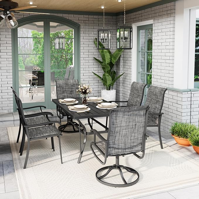7-Piece Outdoor Dining Set, Patio Furniture Set with 2 Textilene Swivel Chairs & 4 Regular Chairs,Patio Dining Set with 1 Rectangular Table for Garden, Backyard, Poolside, Deck, Charcoal