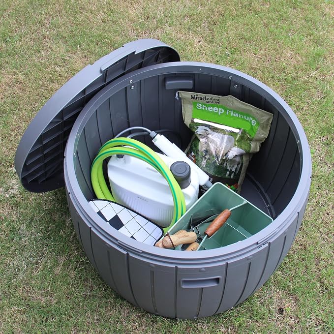 Mrosaa Deck Box Round, Patio Table, Waterproof Outdoor Storage Box for Kid Toys, Patio Furniture, Pool Tools, Outdoor Uses, Sports Equipment, Waterproof and UV Resistant Resin, 27 Gallons Grey