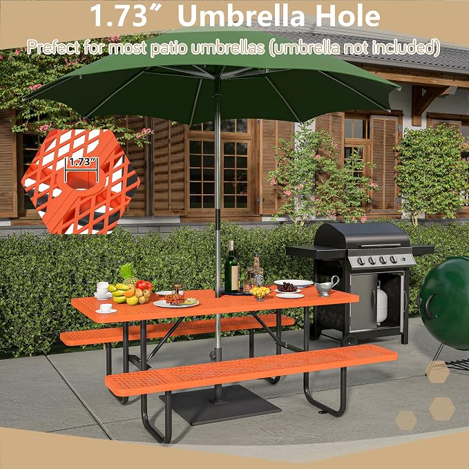 72'' Rectangular Metal Picnic Table with 1.73" Umbrella Hole, Commercial Grade Steel Mesh Table Set, Weather Resistant Sturdy, Round Corner Design for Patio, Garden, Courtyard & BBQ, Orange