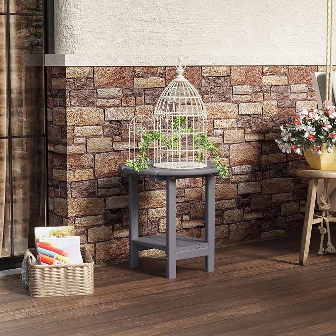 Sundale Outdoor 18" Round Side Table, Patio Adirondack Small End Table All Weather HDPE Water Resistant 2 Tier Round Outside Table for Pool, Garden, Beach, Grey