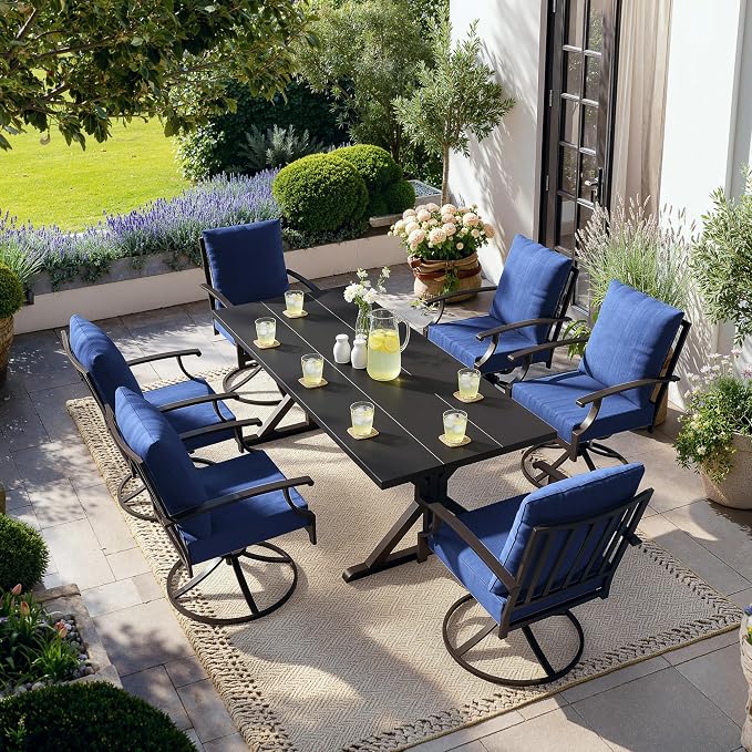 Kullavik 7 Pieces Outdoor Dining Set,Patio Dining Table and Chairs Set for 6,Fence Pattern Back Swivel Chairs with Thickened Cushions & X-Frame Metal Dining Table with Umbrella Hole for Patio,NavyBlue