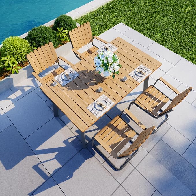 Outdoor Dining Set for 4, Patio Table and Chairs Set with Umbrella Hole, 5 Pieces All-Weather HDPE Outdoor Furniture Sets for Backyard Poolside Lawn Garden (Gray & Teak)