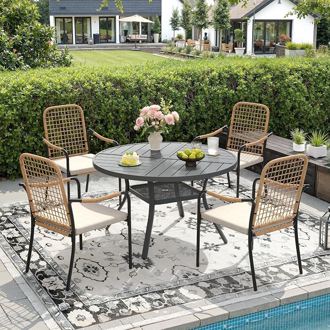 DIFY 5 Pieces Outdoor Dining Set, Metal Patio Table and Chairs Set for 4, 40.6" Round Dining Table with Umbrella Hole & Wicker Stackable Patio Chairs with Cushions, Grey Tabletop