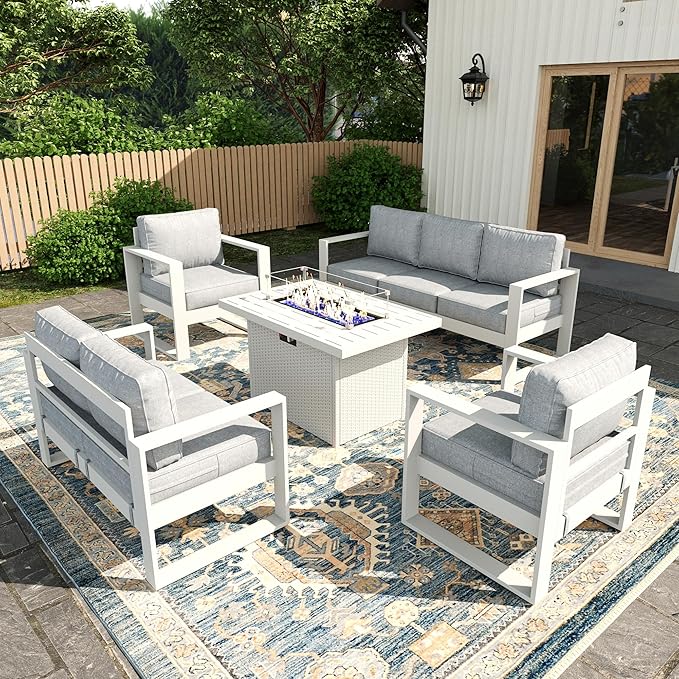5 Piece Modern Aluminum Patio Furniture Set with Fire Pit Table, Outdoor Patio Sectional Conversation Metal Seating Sets with Olefin Cushion