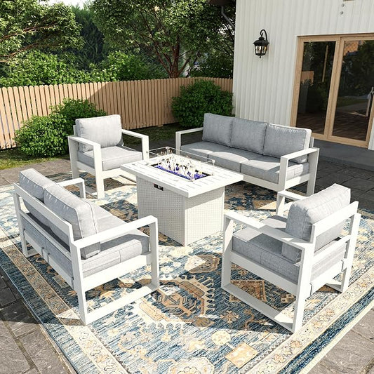 5 Piece Modern Aluminum Patio Furniture Set with Fire Pit Table, Outdoor Patio Sectional Conversation Metal Seating Sets with Olefin Cushion