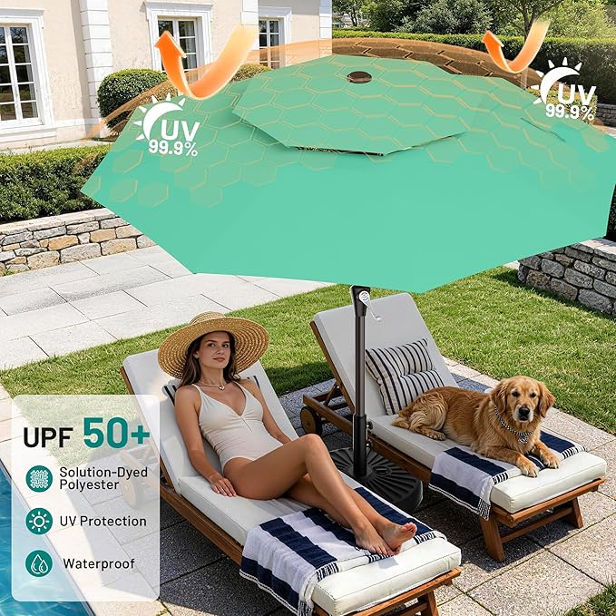 AreShark 10ft 2 Tiers Patio Umbrella - Outdoor Umbrella Waterproof UV Protection, Market Table Umbrella w/Push Button Tilt&Crank for Pool, Porch, Garden(Turquoise)