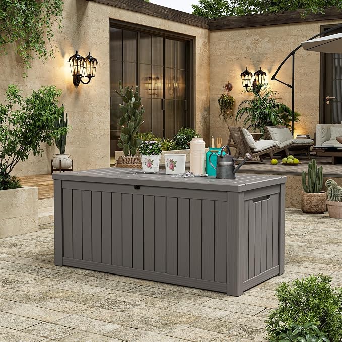 Outdoor Storage Box, 150 Gallon Resin Deck Boxes Outdoor Waterproof For Patio Furniture, Garden Tools, Pool Supplies, Lockable And UV Resistant (Striped Gray)