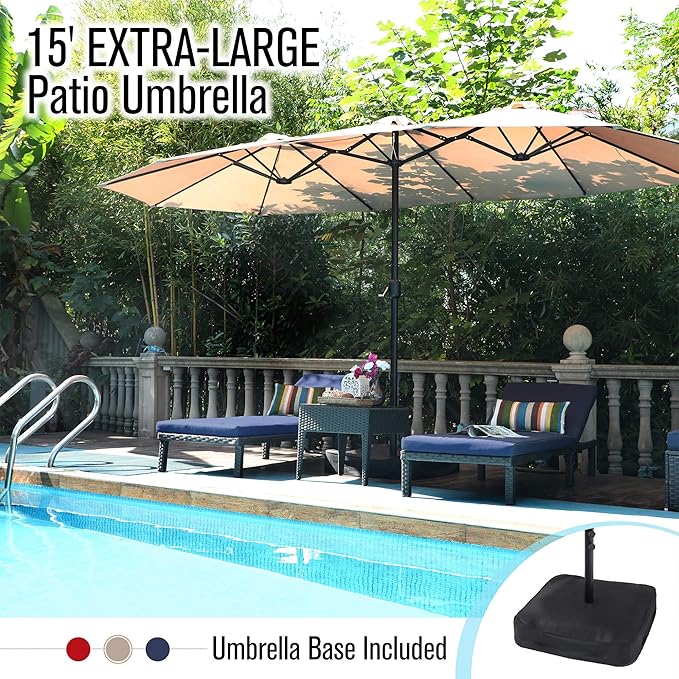 PHI VILLA 15FT Patio Umbrella with Base, Large Double-Sided Outdoor Market Umbrella with Crank Lift, UV-Resistant Canopy for Poolside, Garden, Deck, Backyard, Khaki
