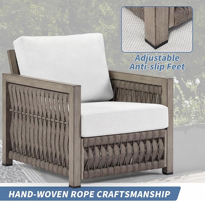 2 Pieces Patio Armchair, Rope Weave Outdoor Chair with Widened Armrests & Thick Cushions, All-Weather Aluminum Deep Seating Chair, Never Rust Patio Furniture for Garden, Porch, Deck, Gray Oak