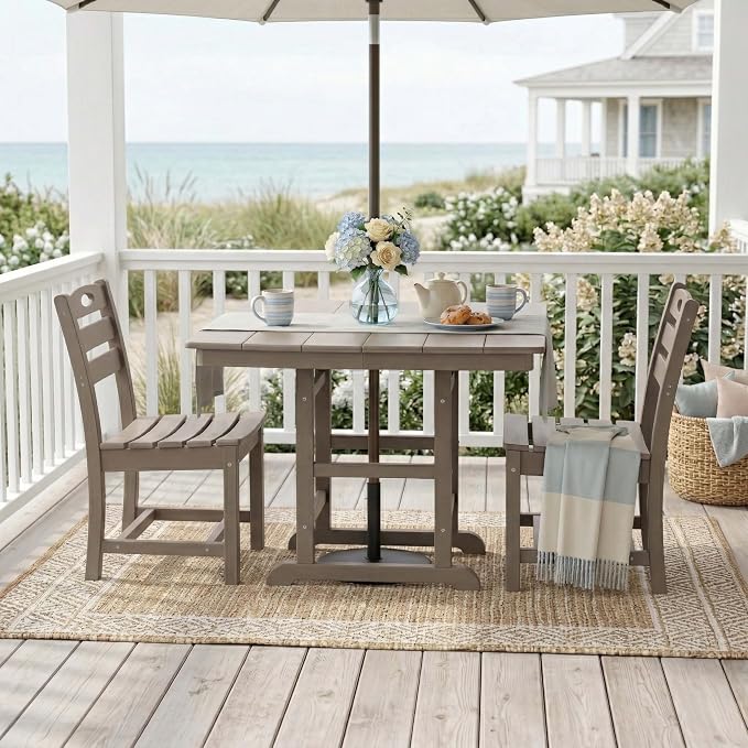 WILLIAMSPACE 37.8" Outdoor Patio Dining Set with 2 Armless Chairs, All Weather HDPE Square Dining Table with Umbrella Hole, Patio 3-Piece Bistro Set for Backyard, Balcony, Lawn, Kitchen (Brown)