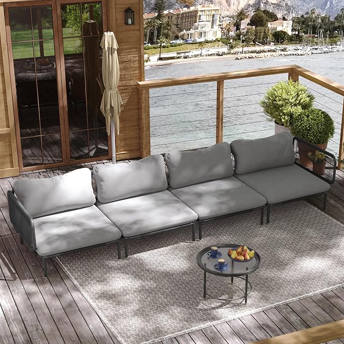 Outdoor Furniture Set, Patio Furniture Oversized Metal Patio Sectional Sofa, 4-Seat Conversation Set with Cushion for Indoor and Outdoor, Black Frame & Dark Grey Mat (4 Seats 8 Armrests)