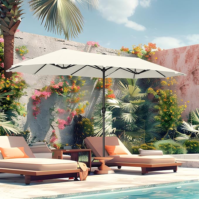 MFSTUDIO 13ft Outdoor Patio Umbrella, Double Sided Large Rectangular Umbrella Market Table Twin Triple Rectangle Umbrellas with Crank Handle for Outside Picnic Backyard Deck Pool (no base)